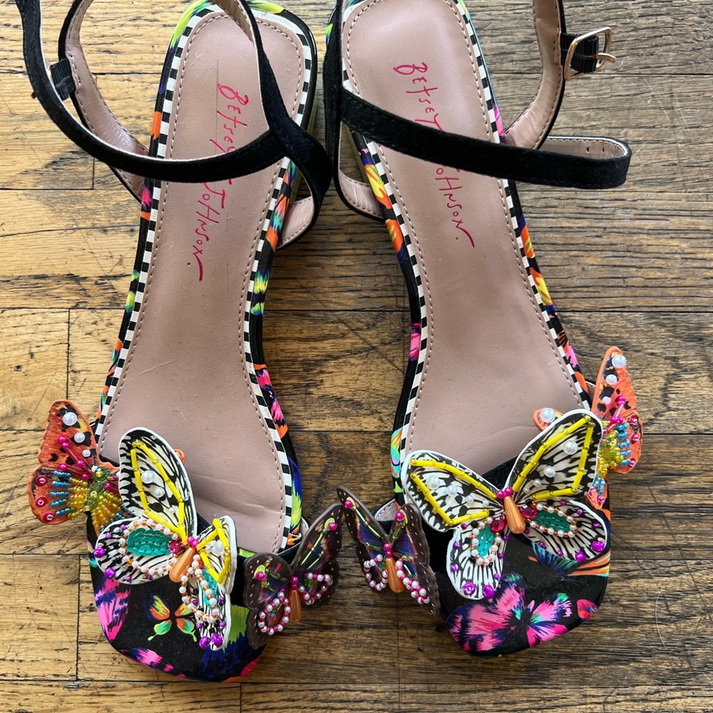 Betsey Johnson Black Floral Heels with Multicolor Butterfly Appliqués